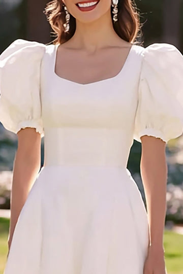 Vit A Line Satin Midi Förlovningsklänning med puffärmar